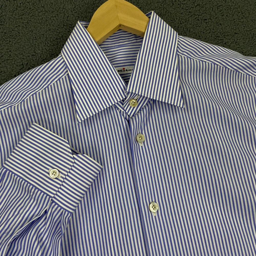 Kiton Dress Shirt Mens 17.5/44 Blue Ivory Striped Button Up Luxury Made in Italy